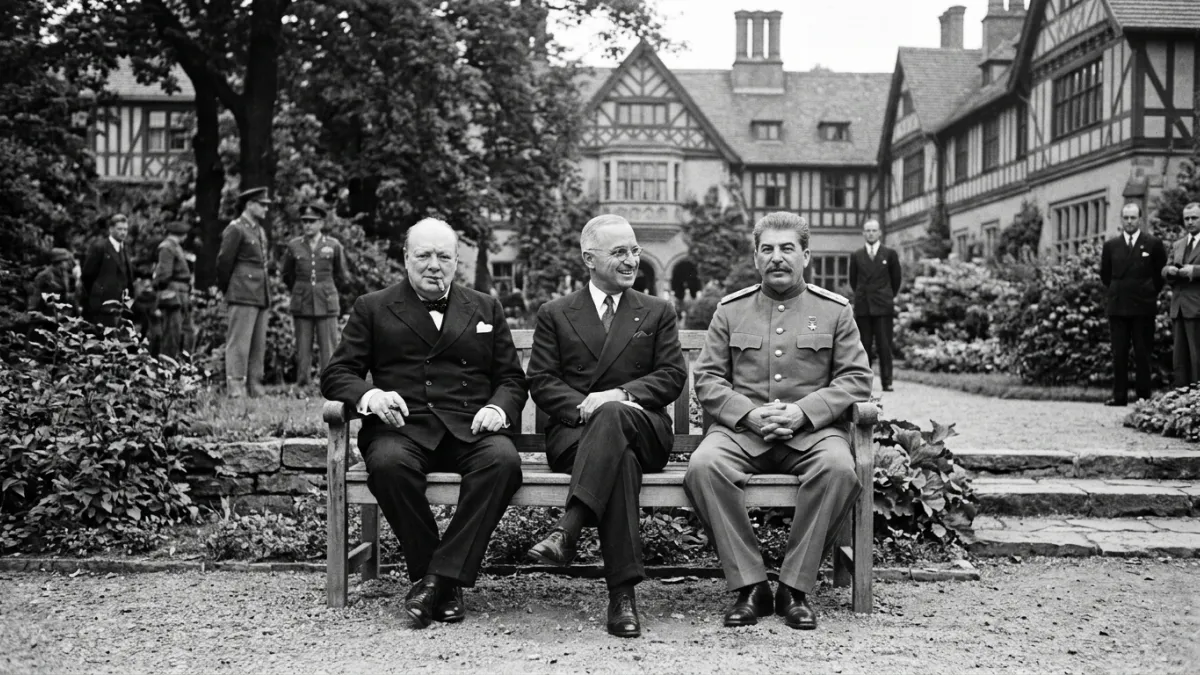 Photographie historique en noir et blanc des trois dirigeants Staline, Truman et Churchill assis côt