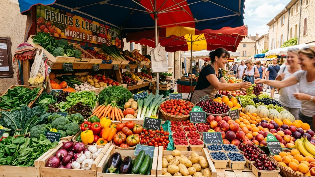 Une photo d'un étalage de marché coloré mettant en avant une grande variété de légumes et une abonda