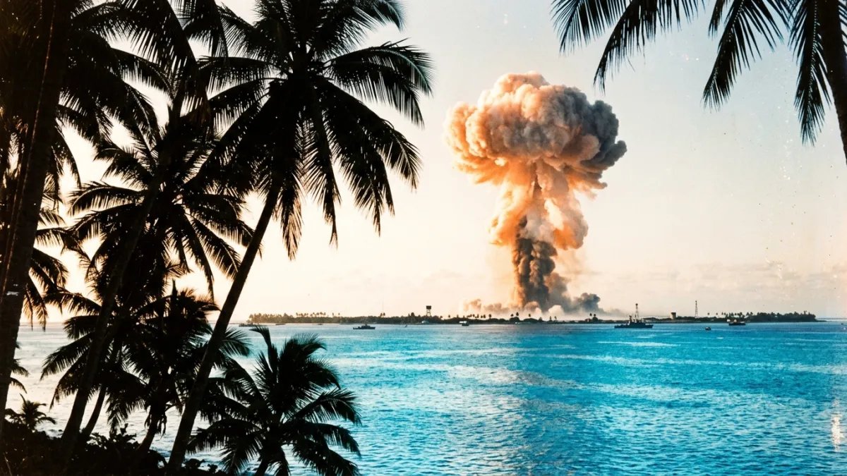Une photographie historique d'un champignon atomique s'élevant au-dessus du lagon turquoise d'un ato
