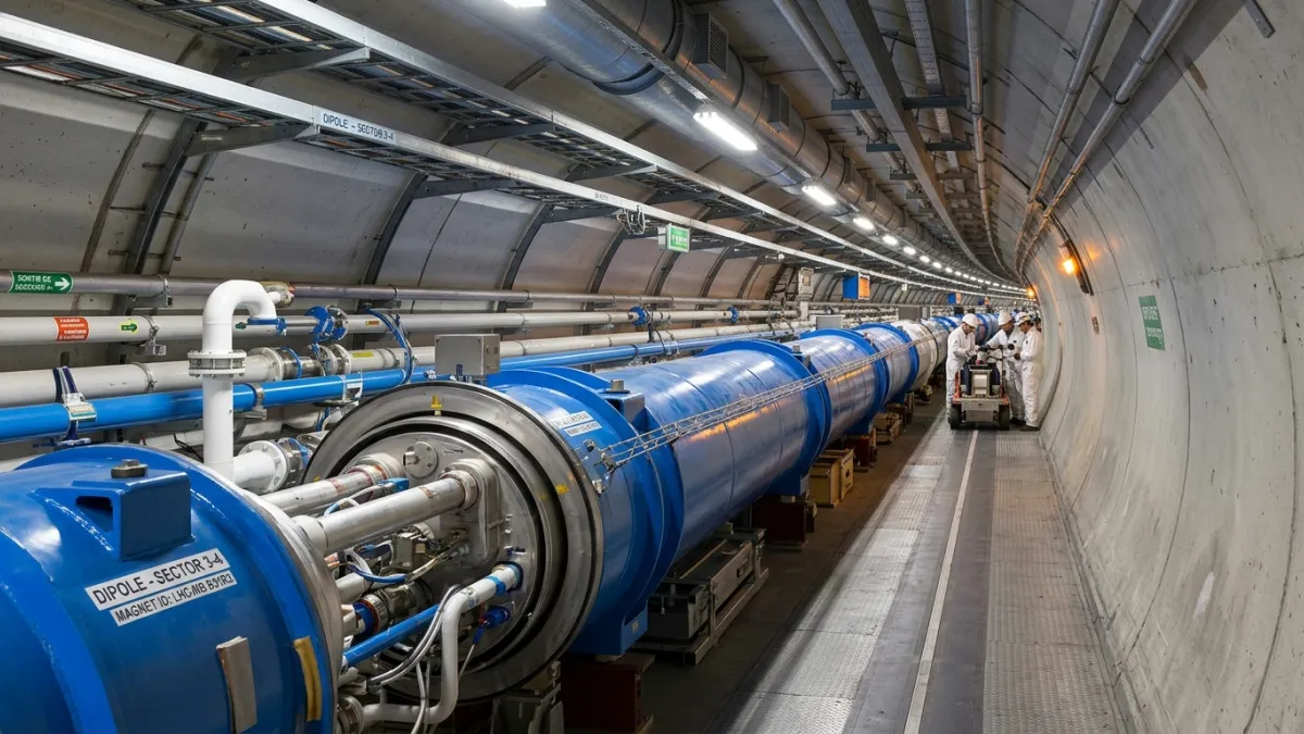 Une vue de l'intérieur du tunnel du Grand collisionneur de hadrons (LHC) au CERN, montrant les impos