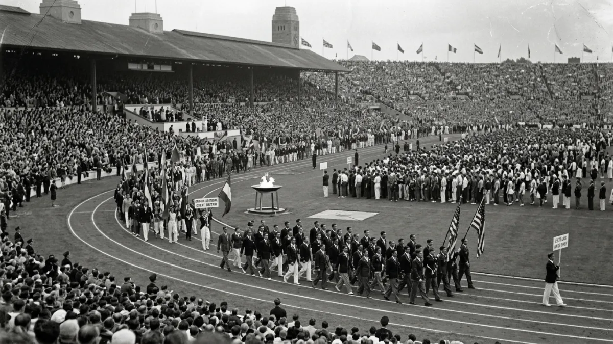 Une photographie historique en noir et blanc montrant des athlètes défilant dans le stade de Wembley