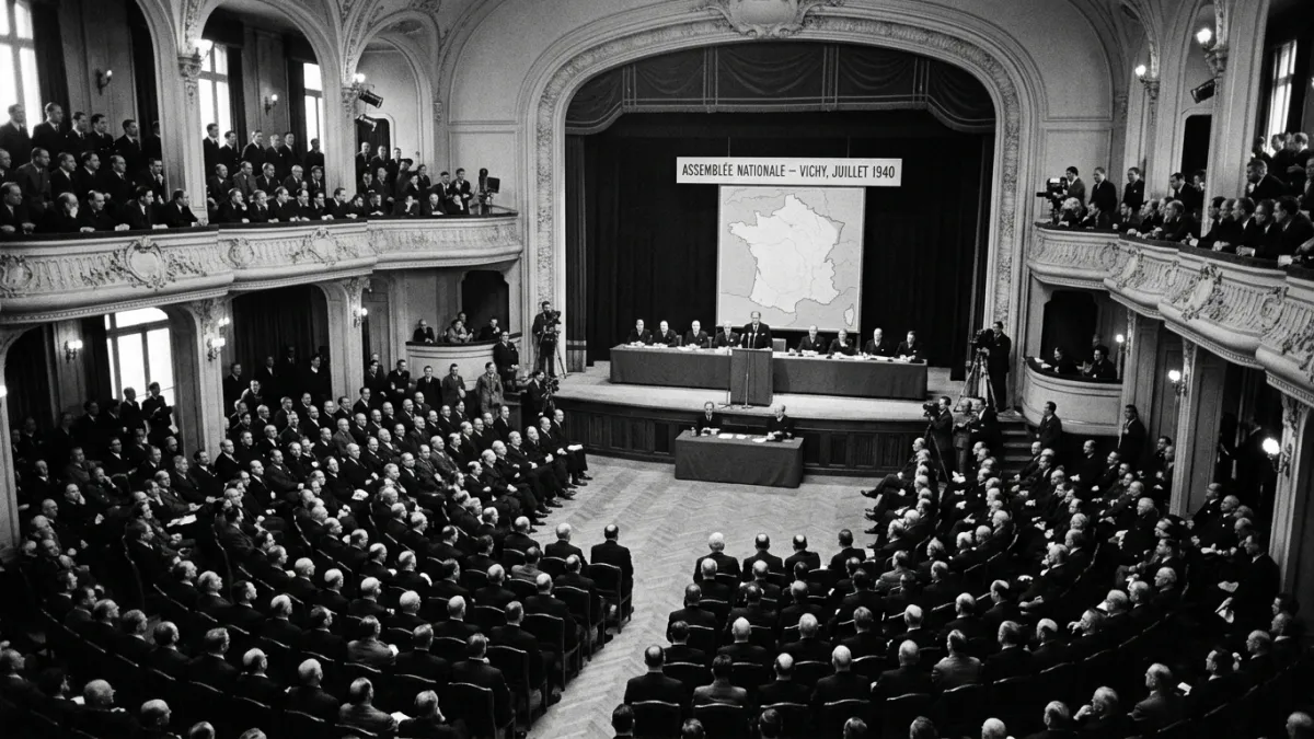 Photographie historique en noir et blanc de l'hémicycle du Grand Casino de Vichy lors de l'assemblée