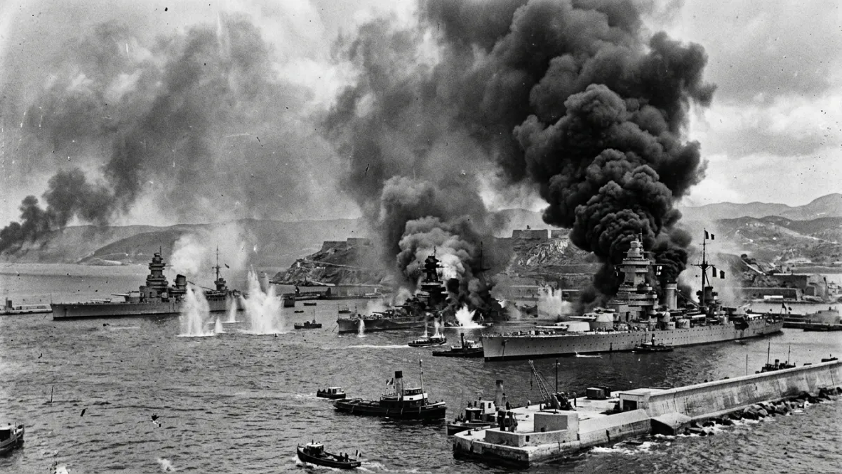 Une photographie historique en noir et blanc montrant des cuirassés français sous les bombardements 