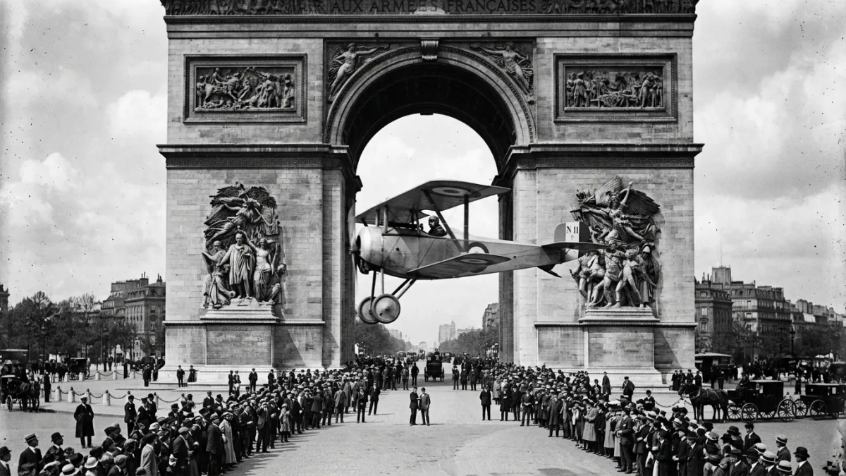 Photographie historique en noir et blanc d'un biplan Nieuport 11 passant sous l'arche centrale de l'