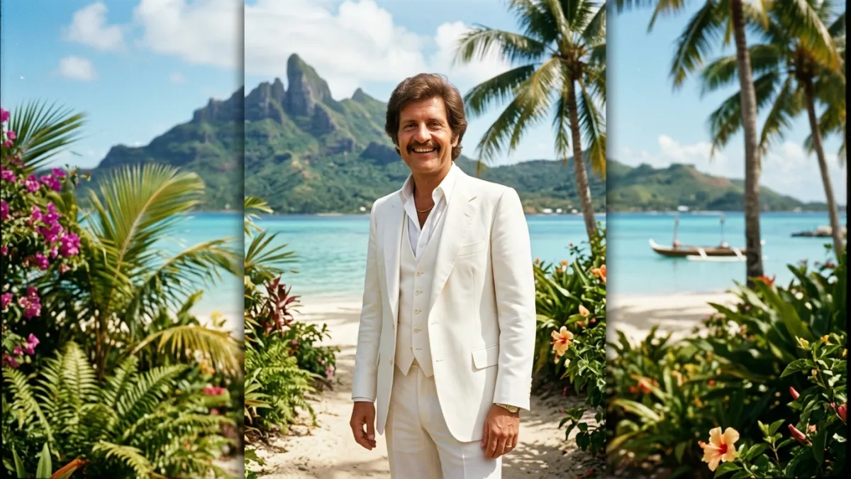 Portrait de Joe Dassin portant son célèbre costume blanc, souriant devant un paysage tropical ensole