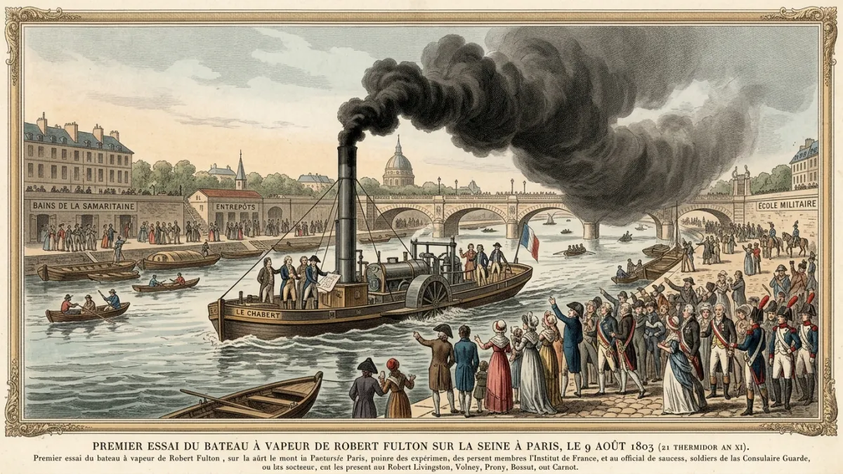 Une illustration historique montrant le premier bateau à vapeur de Robert Fulton naviguant sur la Se
