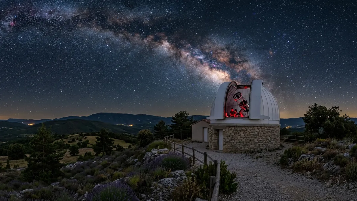 Une coupole d'observatoire astronomique ouverte sous un ciel de nuit étoilé en Provence.