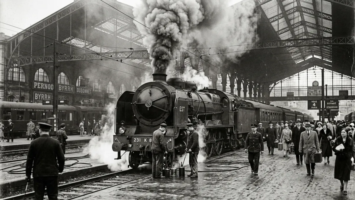 Photographie d'époque en noir et blanc d'une locomotive à vapeur française dans une grande gare des 