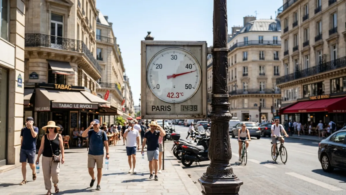 Une photo d'un thermomètre extérieur dans une rue de Paris affichant une température dépassant les 4