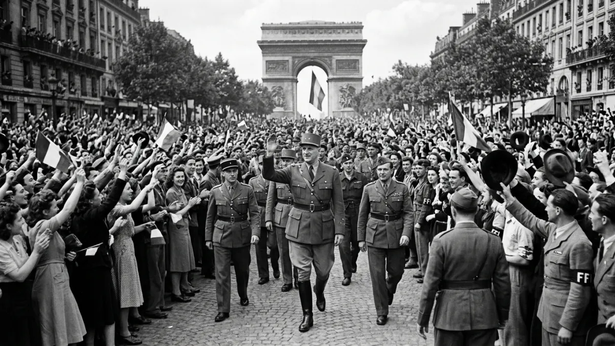 Photographie historique en noir et blanc du général de Gaulle marchant sur les Champs-Élysées au mil