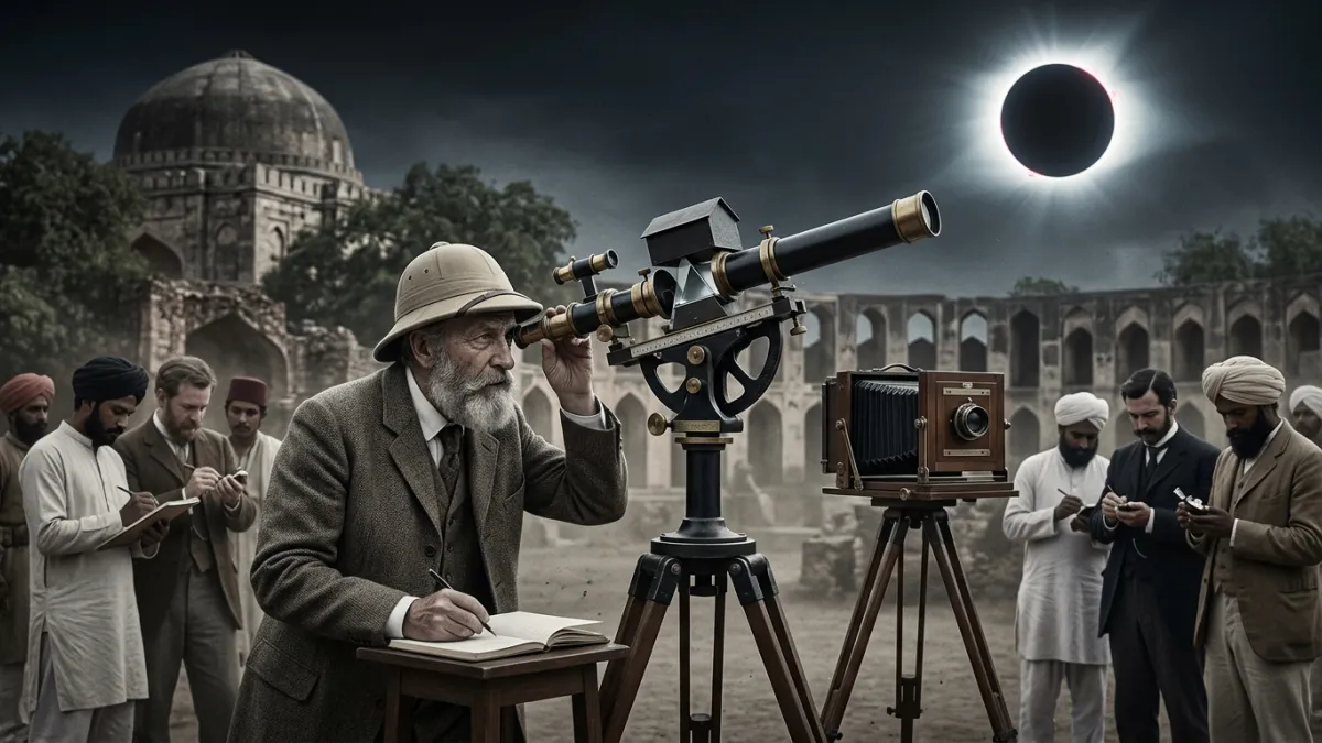 Un astronome du XIXe siècle observant une éclipse totale de soleil à l'aide d'un spectroscope ancien