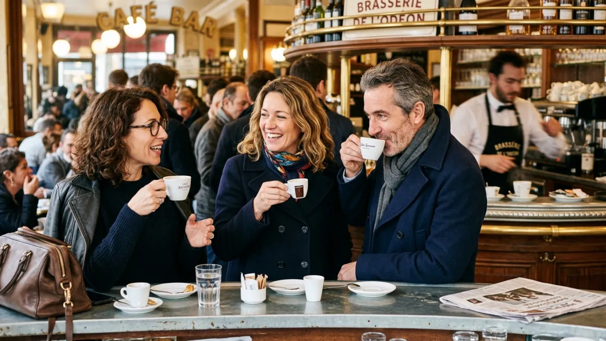 dans un café parisien animé, gros plan sur des parisiens et parisennes de 40 ans en train de boire u