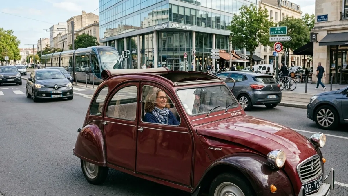 une personne de 45 ans au volant d'une 2cv citroen dans une ville française moderne

Modifications: 