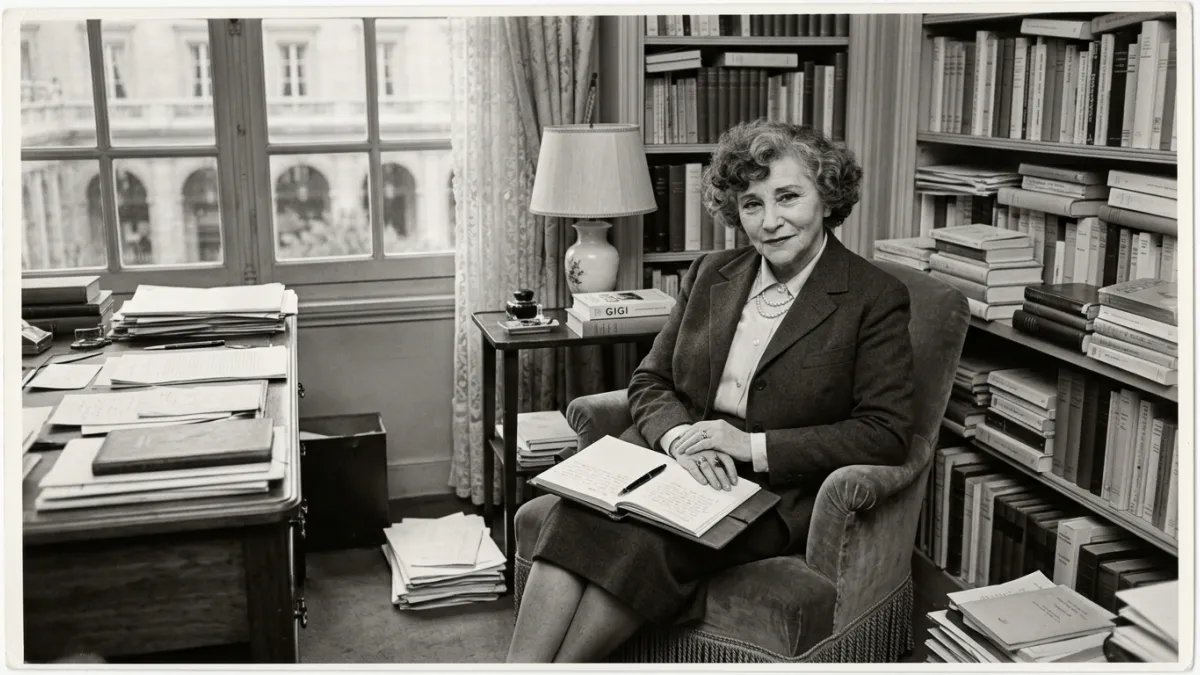 A black and white vintage portrait of the French writer Colette in her later years, sitting elegantl
