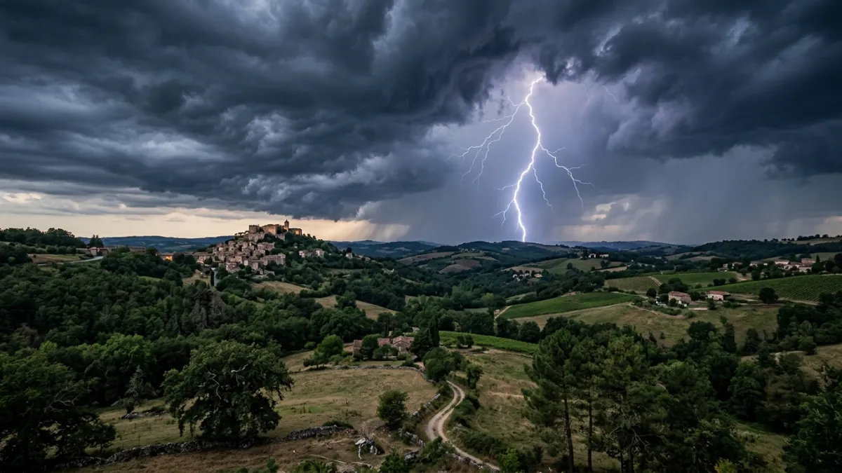 Une photo d'un paysage du Tarn sous un ciel d'orage avec de l'activité électrique