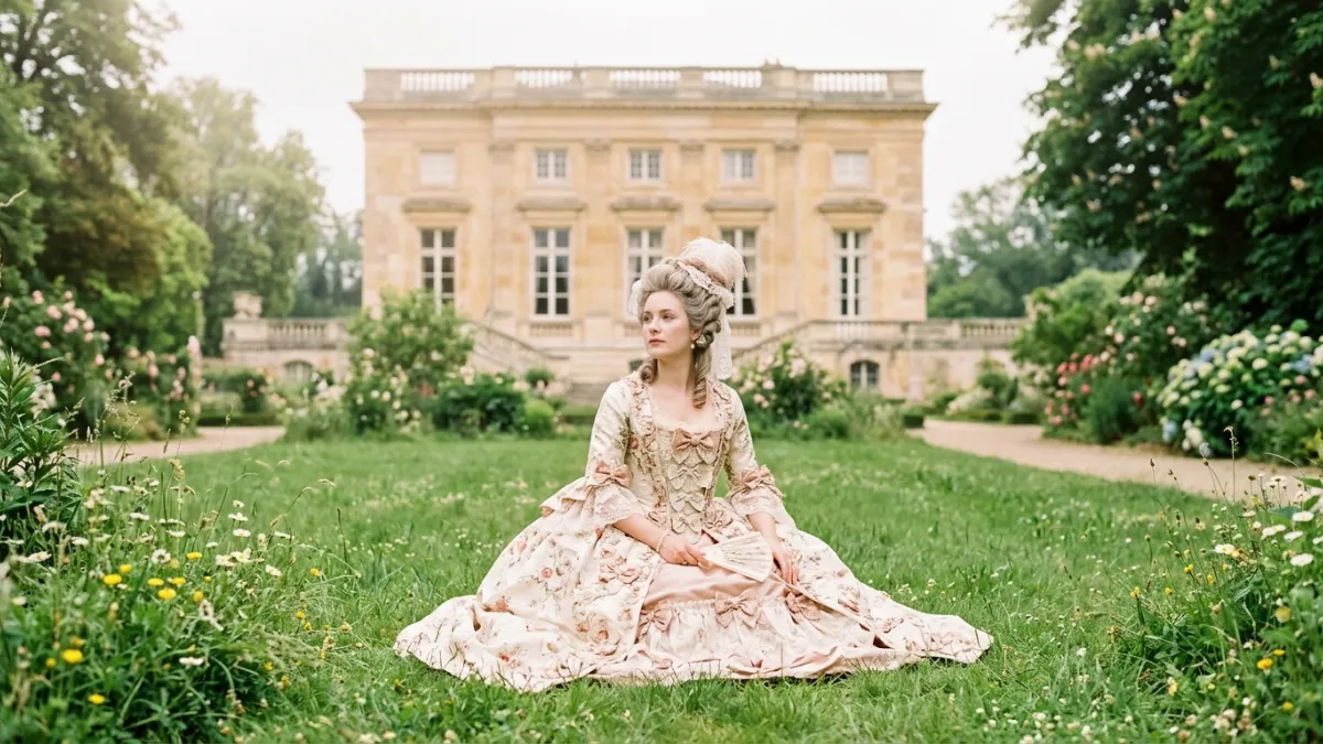 Une femme en robe d'époque du XVIIIe siècle assise sur la pelouse devant le Petit Trianon à Versaill