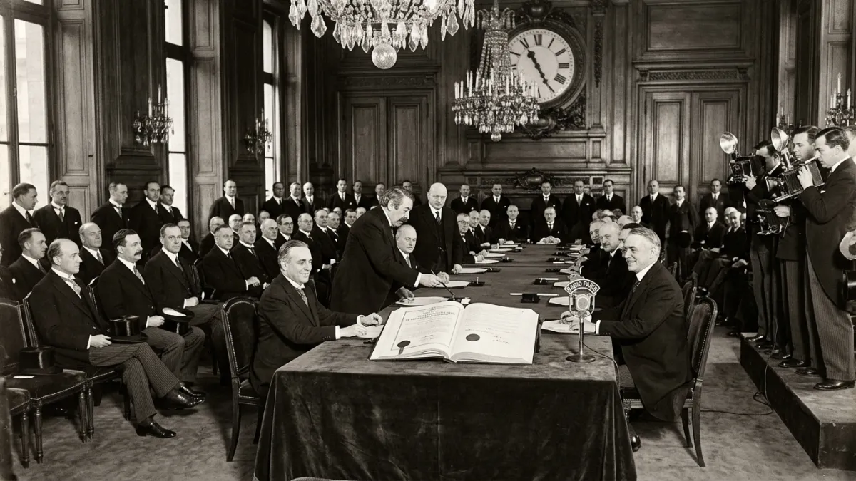 Photographie d'archive en noir et blanc de la signature solennelle du pacte Briand-Kellogg en 1928, 