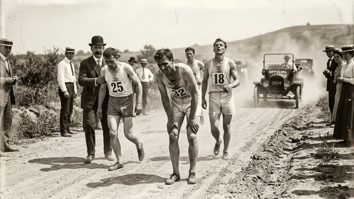 Photographie historique en noir et blanc et sépia du marathon des Jeux olympiques de 1904 à Saint-Lo
