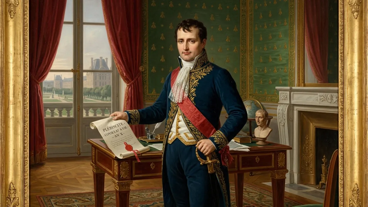 Portrait historique de Napoléon Bonaparte en costume officiel de Premier consul, debout dans un bure