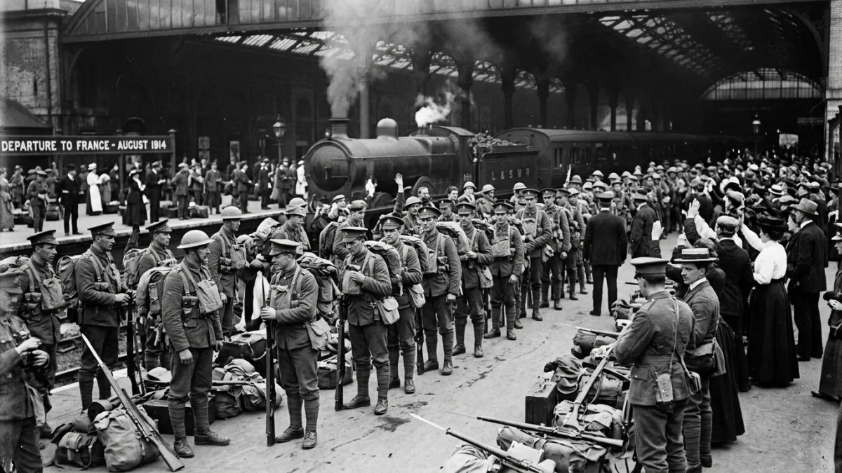 Une photographie historique en noir et blanc montrant des soldats britanniques en uniforme de 1914 s