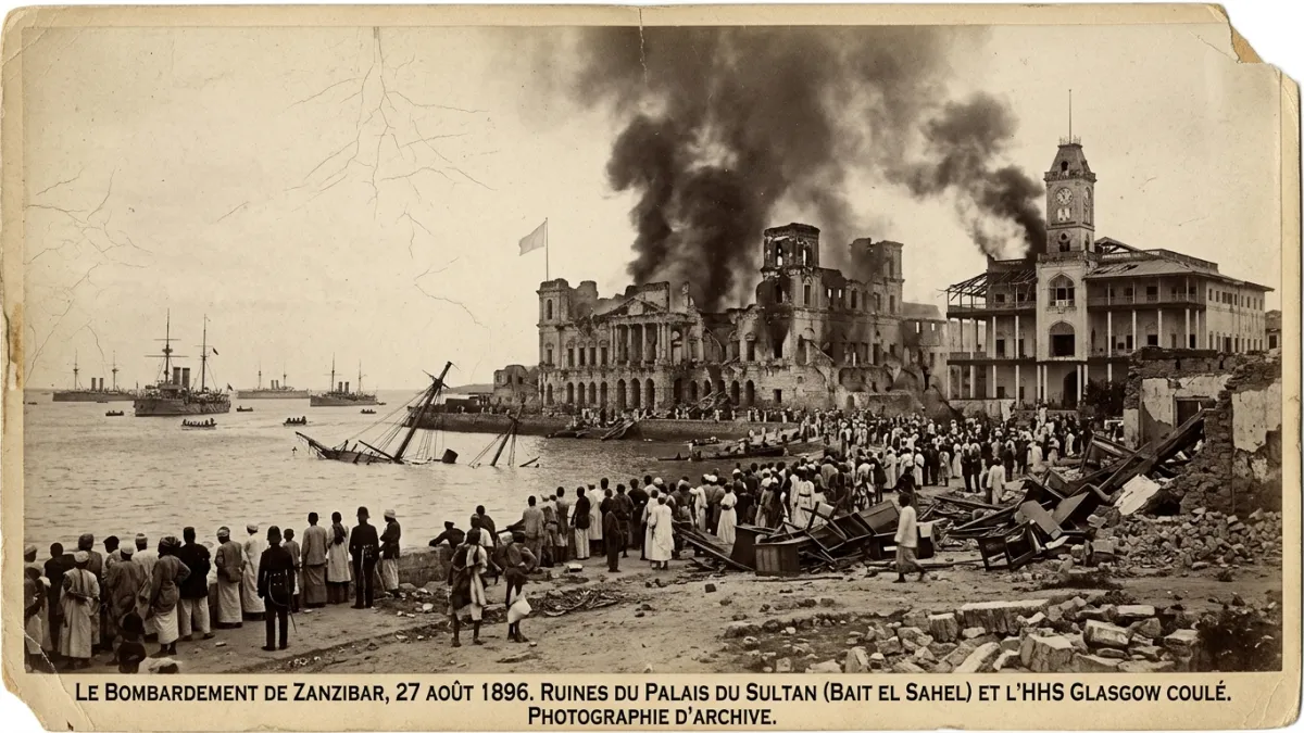 Photographie d'archive du XIXe siècle montrant le palais du sultan de Zanzibar en ruines et fumant a