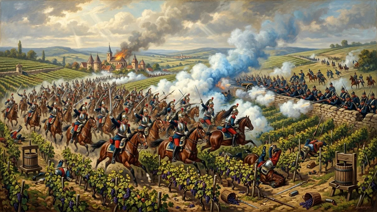 Une illustration historique d'une charge de cuirassiers français à cheval traversant héroïquement de