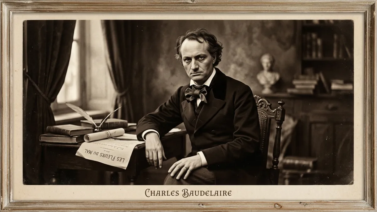Un portrait photographique d'époque en noir et blanc ou sépia du poète Charles Baudelaire, regard so