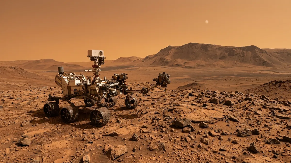 Une photographie réaliste du rover Curiosity explorant le paysage désertique et rocheux de la planèt
