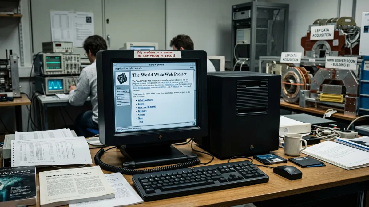 A vintage 1990s computer screen displaying the very first text-based webpage in a laboratory setting