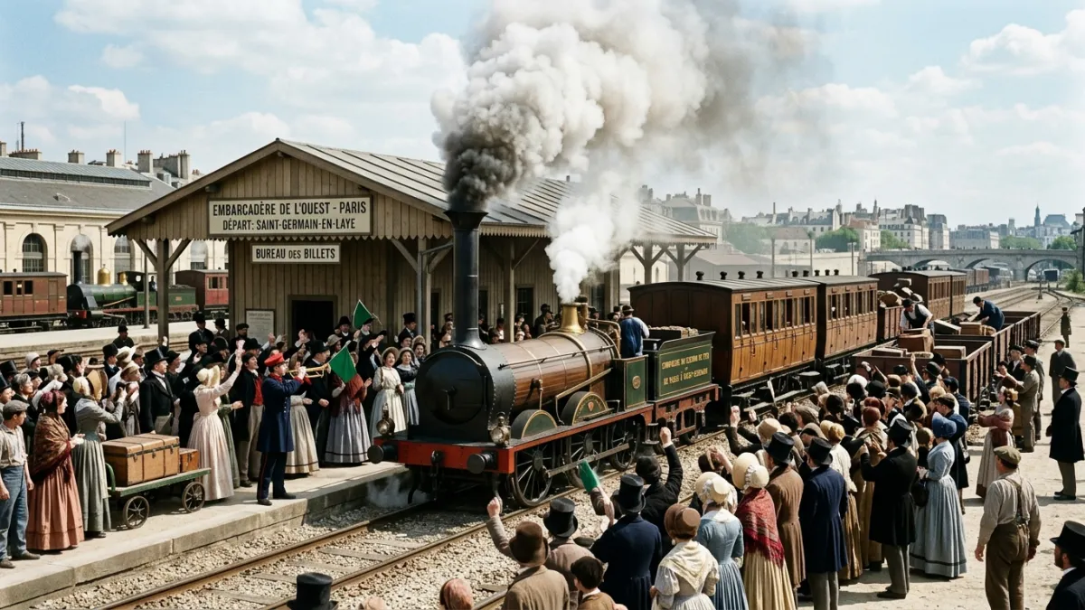Une locomotive à vapeur du XIXe siècle tirant des wagons de passagers, quittant une gare parisienne 