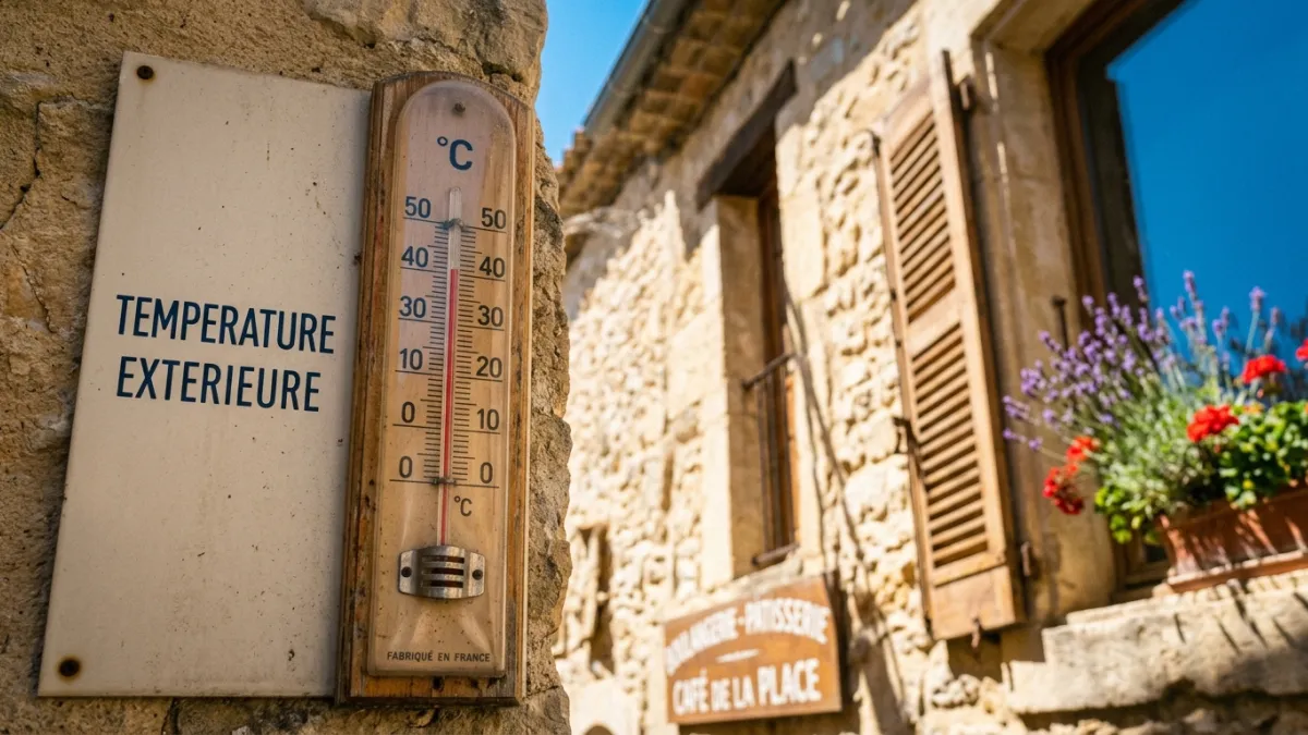 Une photographie en gros plan d'un thermomètre extérieur indiquant une température extrême de 42 deg