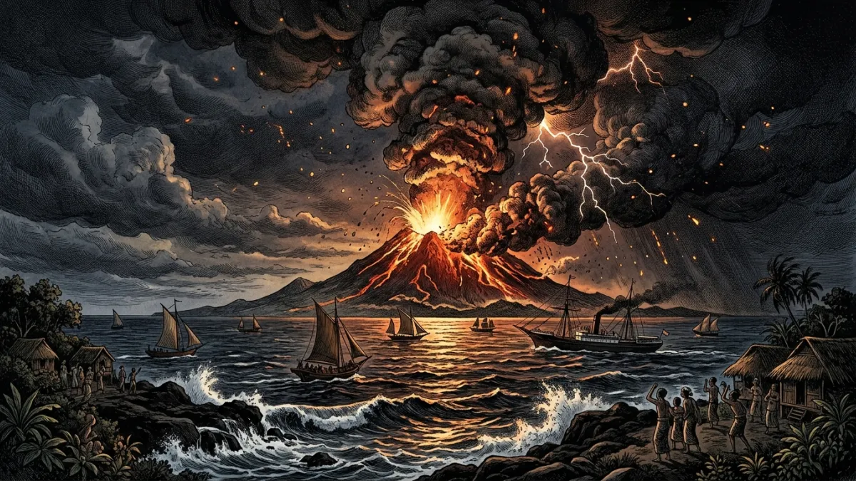 Une illustration dramatique du volcan Krakatoa en pleine éruption massive, projetant d'immenses colo