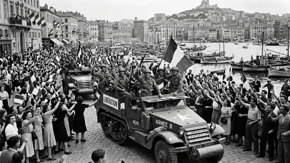 Photographie historique en noir et blanc de la Libération de Marseille en août 1944, montrant des so