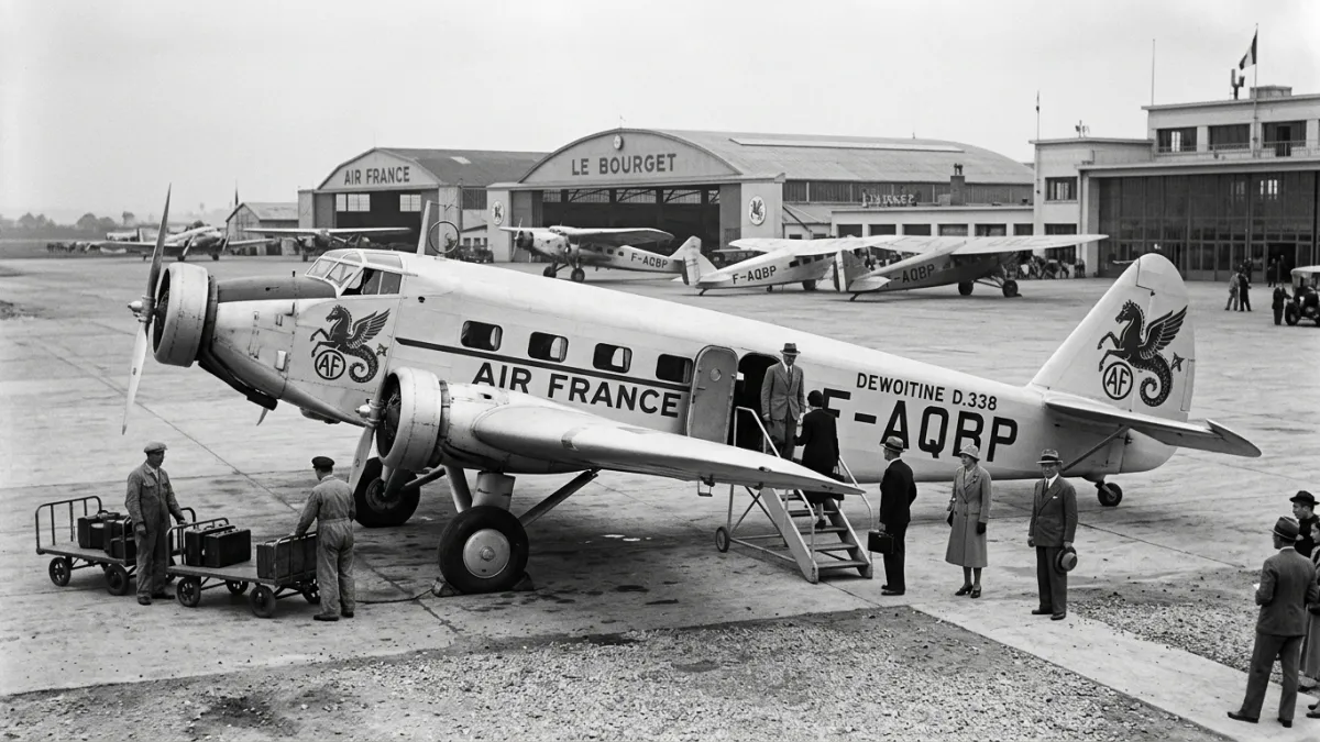 Photographie historique en noir et blanc des annees 1930 montrant un avion de ligne commercial d'Air