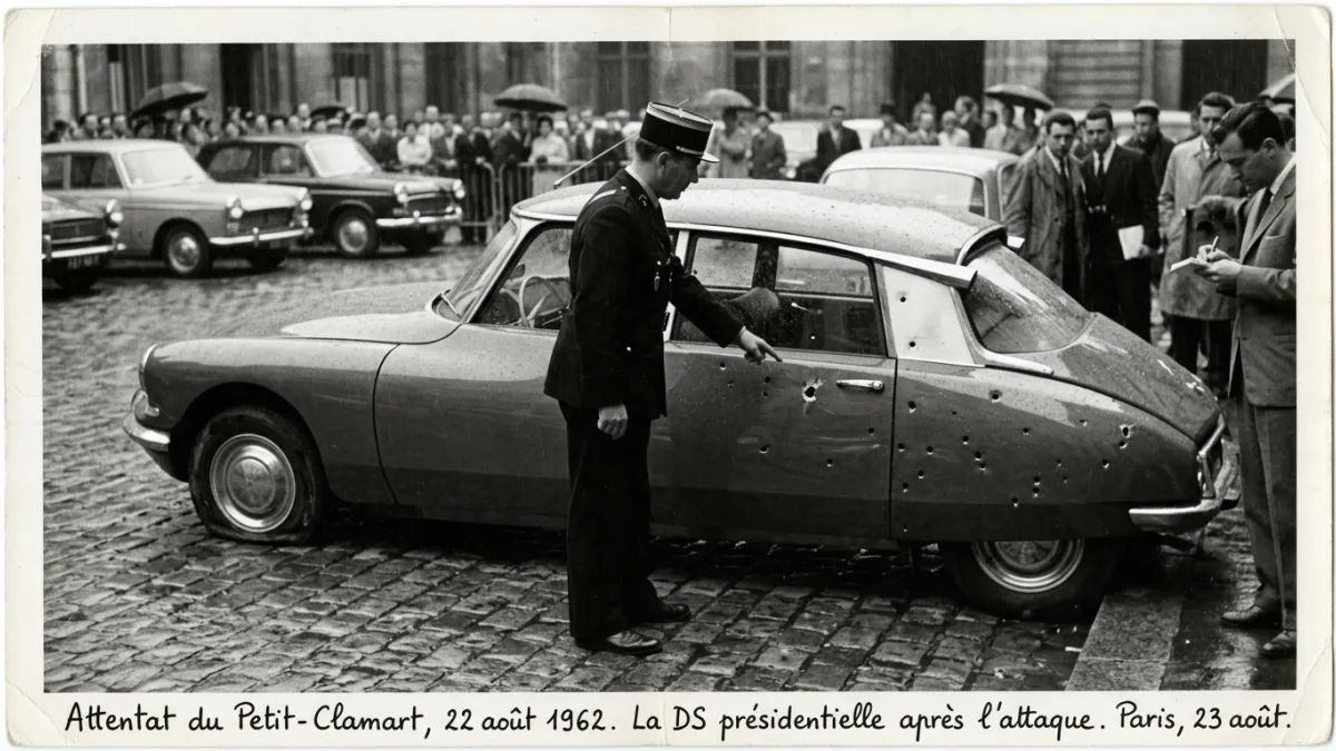 Une photo d'époque de la voiture après l'attentat du petit-clamart