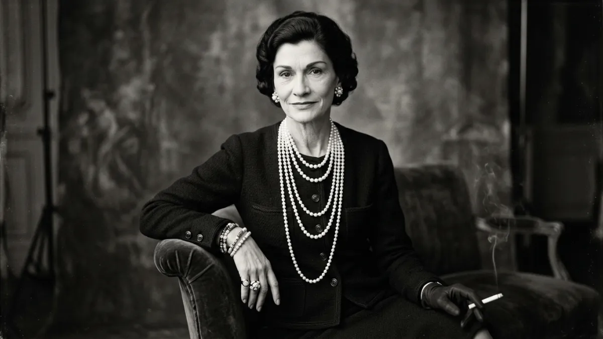Portrait élégant en noir et blanc de Gabrielle Coco Chanel avec ses emblématiques colliers de perles