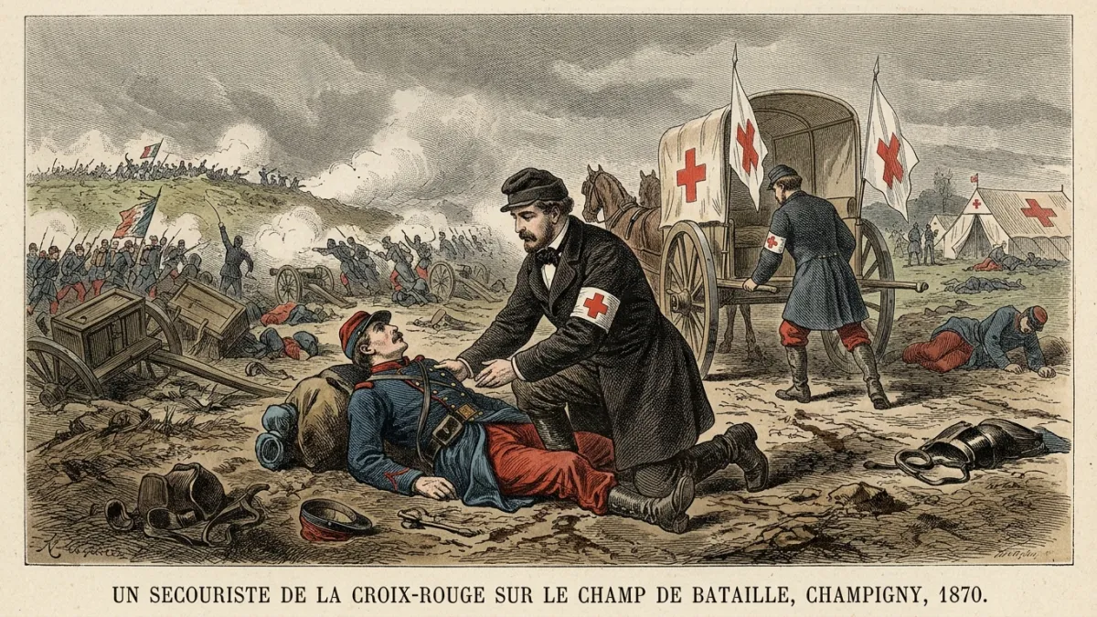 Une illustration historique d'un secouriste du XIXe siècle portant un brassard blanc arborant une cr