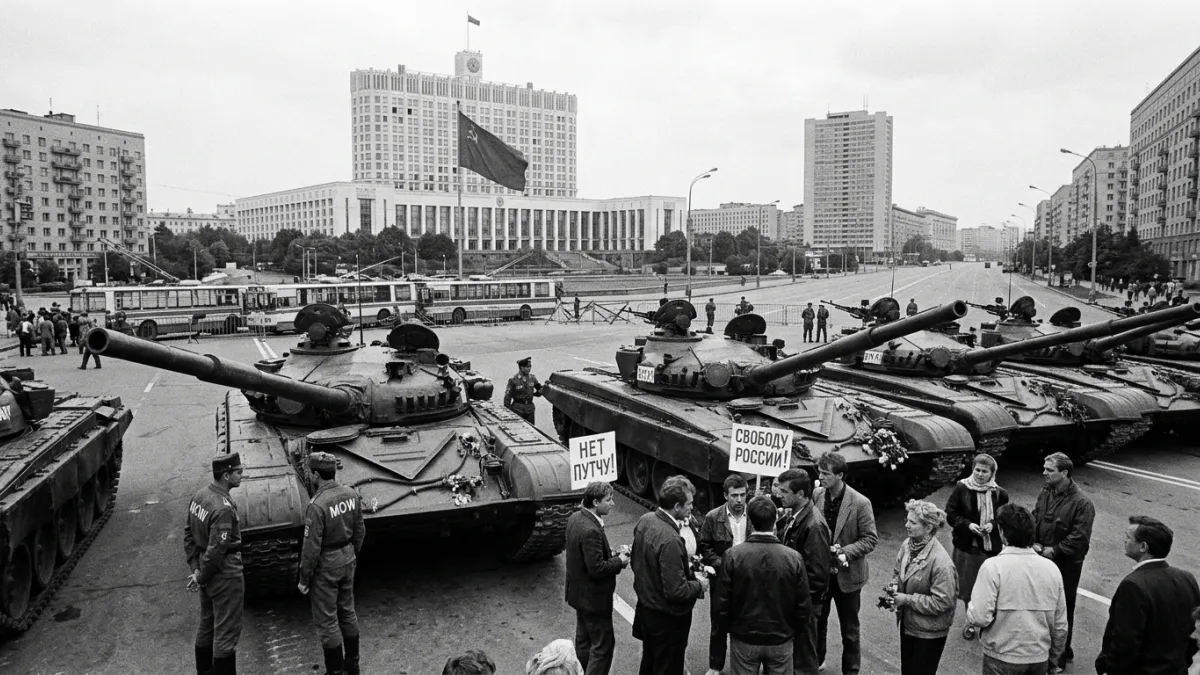 Photographie historique de chars d'assaut stationnés sur une grande avenue de Moscou devant le Parle