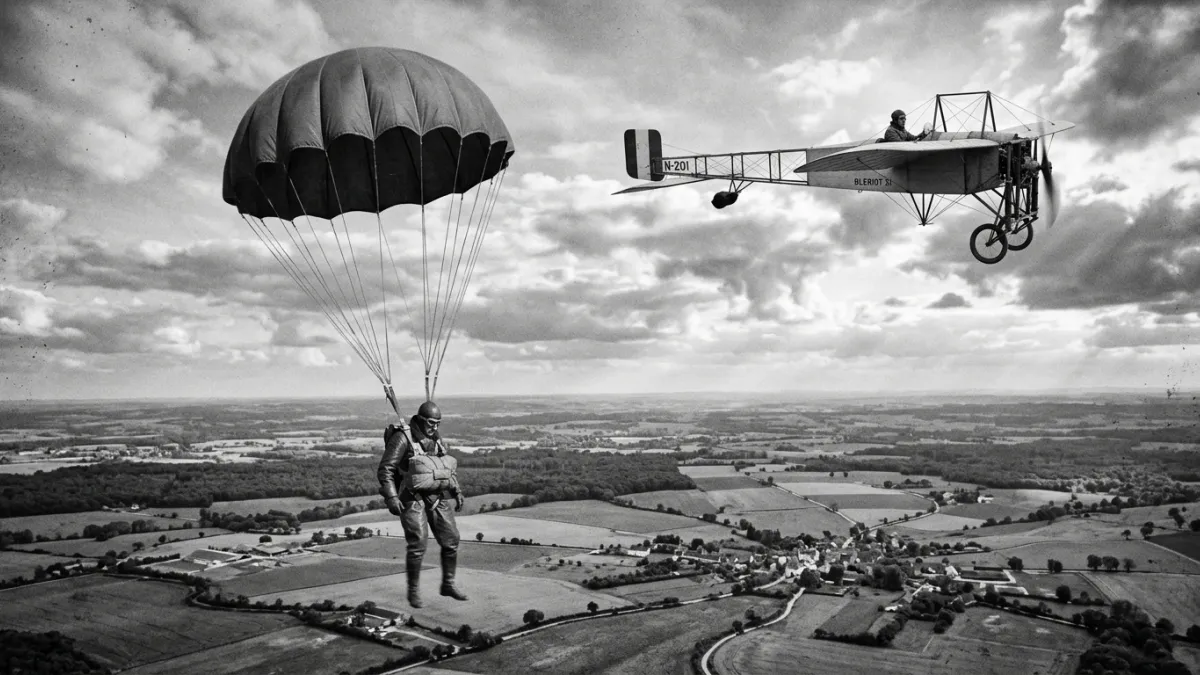 Photographie historique en noir et blanc d'un aviateur de 1913 descendant en parachute dans le ciel,