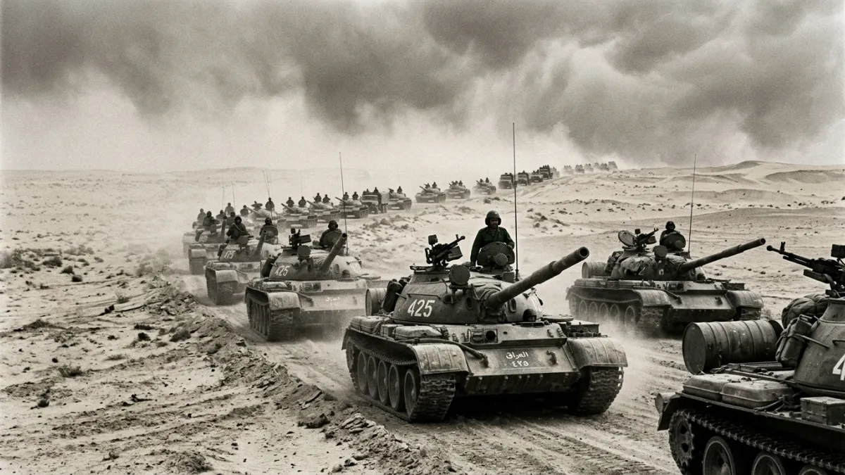 Une photo historique montrant une colonne de chars de combat progressant dans le désert koweïtien so
