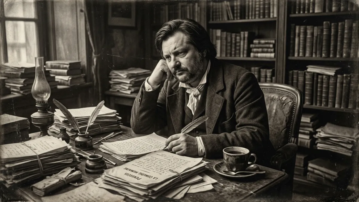 Un portrait mélancolique d'Honoré de Balzac assis à son bureau de travail encombré de manuscrits et 