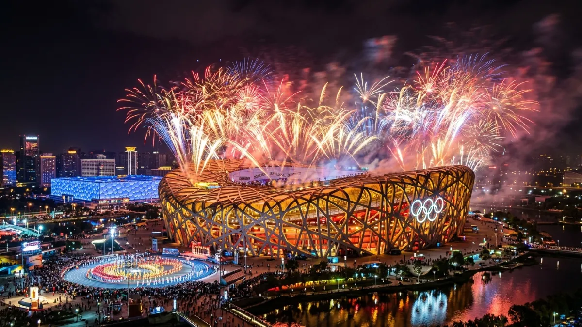Photographie spectaculaire du stade du Nid d'Oiseau à Pékin illuminé par des feux d'artifice lors de