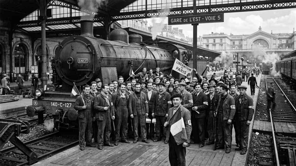 Une photographie historique en noir et blanc montrant des cheminots français rassemblés devant une v