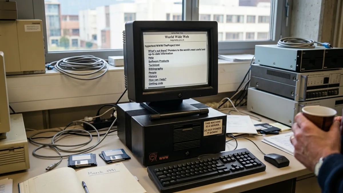 A vintage 1991 NeXT computer workstation on a desk at CERN, displaying the very first text-based web