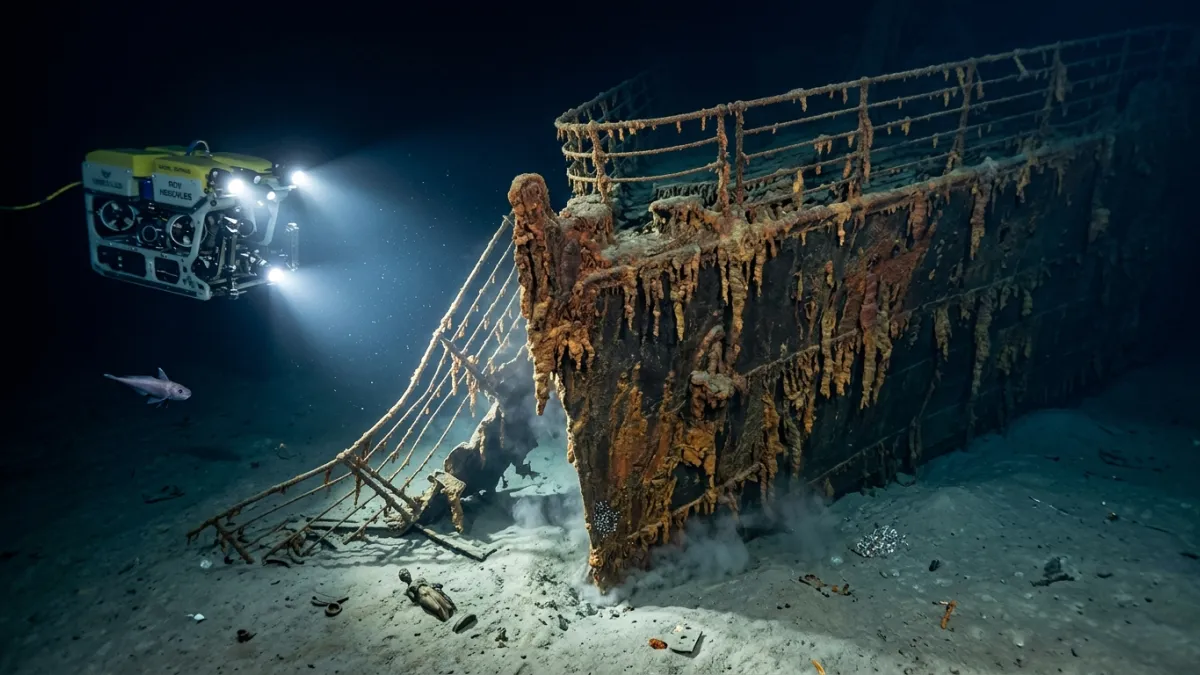 Photographie sous-marine dans l'obscurité des abysses, où les projecteurs puissants d'un robot sous-