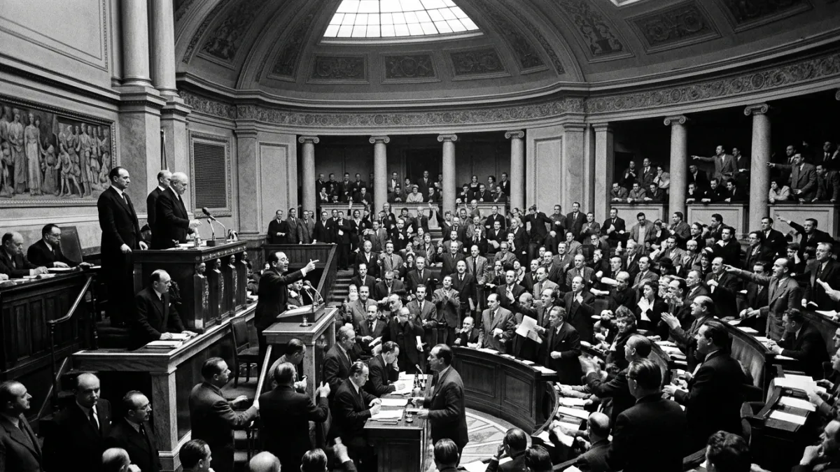 Photographie d'archives en noir et blanc de l'hémicycle de l'Assemblée nationale française au Palais