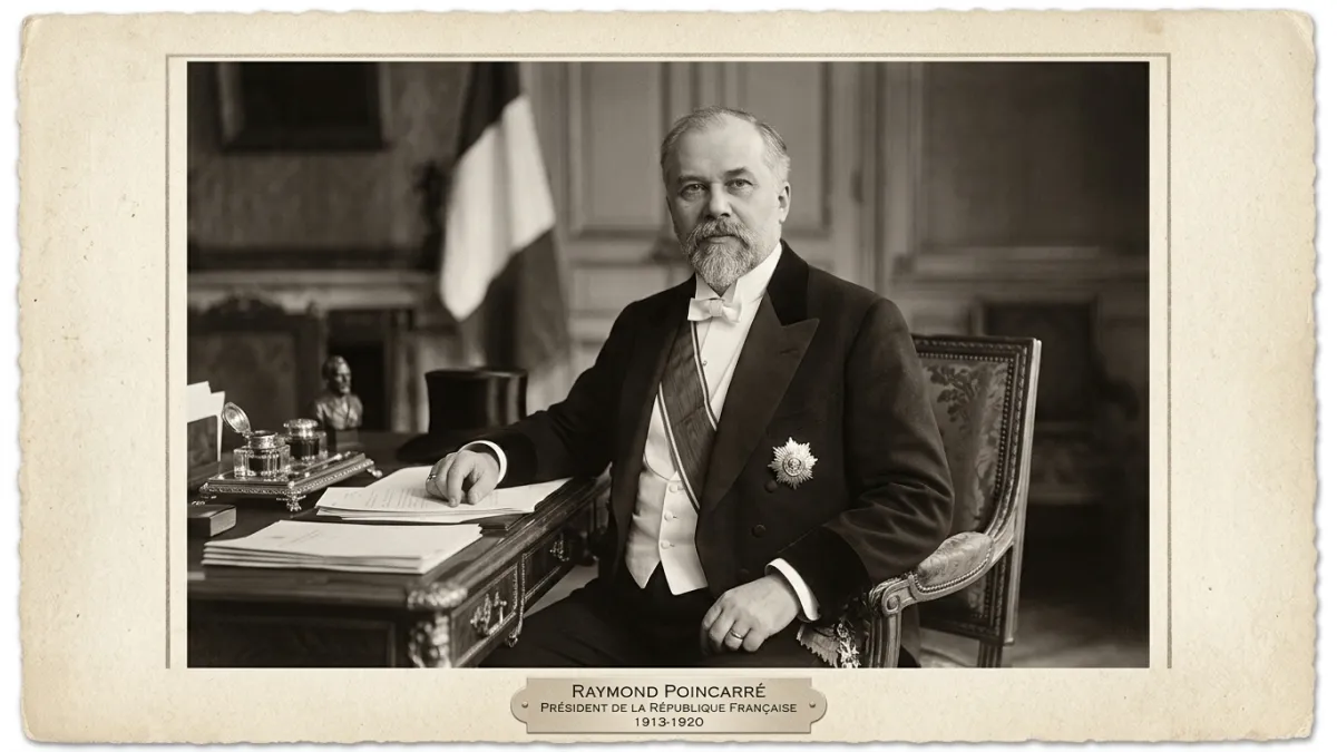 Portrait officiel en noir et blanc de Raymond Poincaré, homme d'État français du début du XXe siècle