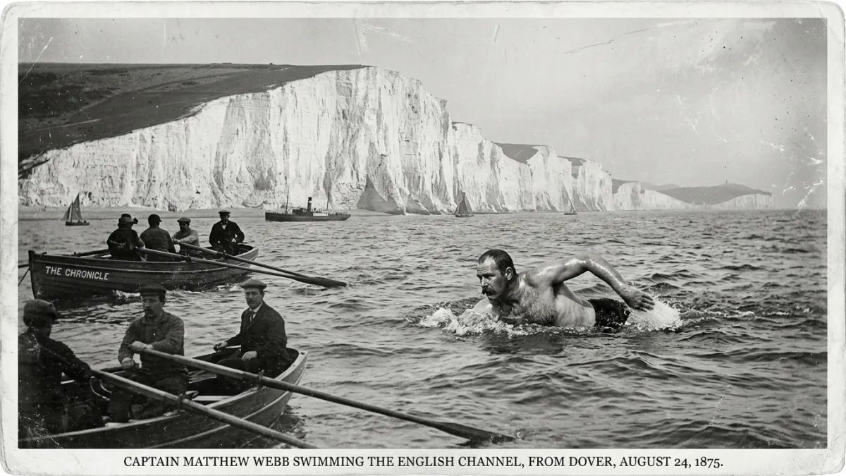 Une photographie historique en noir et blanc montrant le capitaine Matthew Webb nageant dans les eau