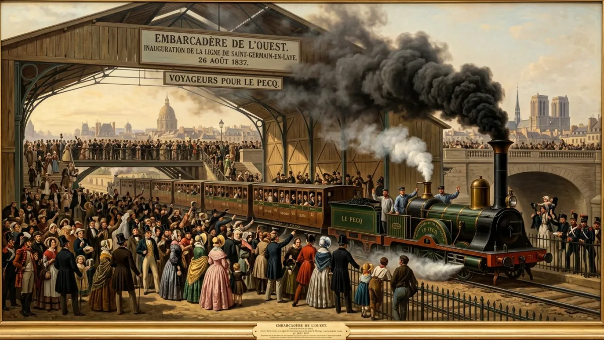 Une illustration historique d'une locomotive à vapeur du XIXe siècle arrivant dans une gare parisien