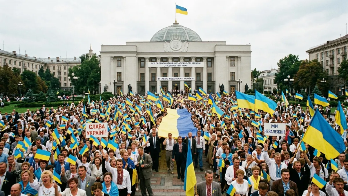 Une foule historique rassemblée devant le bâtiment du Parlement à Kiev, agitant de nombreux drapeaux